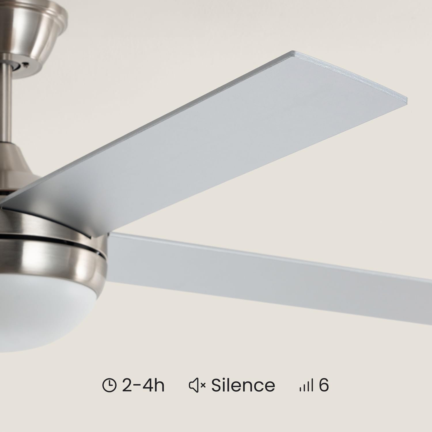 LEDKIA LIGHTING Ventilatore da Soffitto Navy Evo Nichel con Luce Integrata, Motore DC 30W Silenzioso ed Efficiente, 4 Pale, 6 Velocità, 132 cm, Telecomando | Motore DC silenzioso ed efficiente da 30 W, 4 pale, 6 velocità, 132 cm