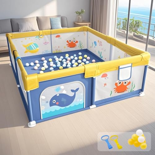 Image of Dawnwake Large Playpen 150 x 180 cm for Toddlers & Kids up to 5 Years with Pit Balls and Anti-Fall Grasp Rings, Playard with Safety Lock & Suction Cup (No Mat, Non-Foldable) (150x180cm Blue)