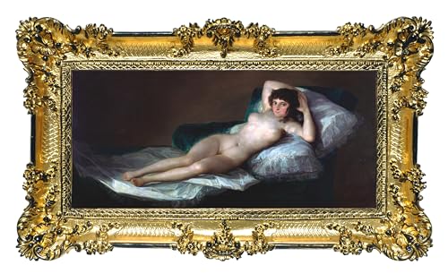 LIGUORO SHOP Cuadro Maja Desnuda de Francisco Goya Reproducción impresa en banner de tela con marco barroco, 96 x 56 cm (dorado/negro)