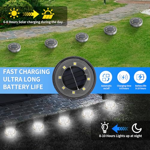 Jsdoin 6PCS Solar Floor Lights Outdoor, 8 LED Lights Waterproof Outdoor Light, IP68 Garden Light Stainless Steel Solar Lamp for Walkway, Terrace, Outdoor, Lawn, Entrance (White) - Image 6