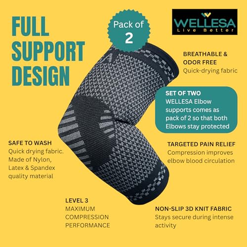 Image of WELLESA Elbow Support Sleeve for Men & Women | Compression Brace for Pain Relief, Stability & Injury Recovery | Ideal for Sports, Gym, Running & Workouts | Pack of 2 (Black & Grey) (S)