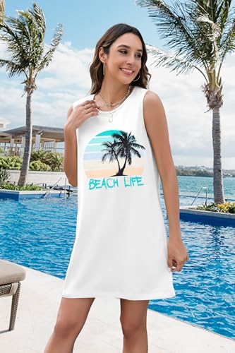 Image of MYHALF Summer Tank Dress for Women Sleeveless Beach Vacation Sundress Short Coconut Tree Sun Dress Casual Coverup