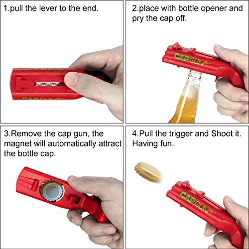 Evoio Cap Gun Bottle Opener, 4 Packs Creative Beer Bottle Opener, Cap Launcher Shooter For Home Bar Party-Shoot Over Five Meters (Red & Grey) - Thumbnail 5