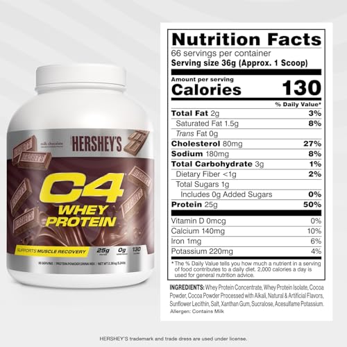 Image of C4 Whey Protein Powder, Hershey's Chocolate - 25g Protein, 0g Added Sugar, 130 Calories Per Serving, Supports Muscle Recovery, 66 Servings, Premium Whey for Post-Workout