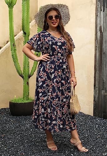 Image of Nemidor Plus Size Women Casual Maxi Dresses Print Bobo Belted Layered Chiffon Summer Long Dress with Ruffle Sleeve