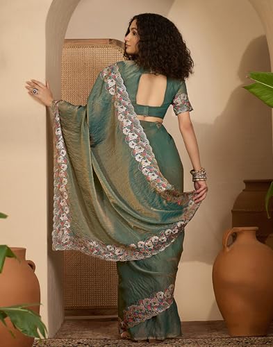 Image of SIRIL Women's Shimmer Georgette Scalloped Border Sequins Embroidery Saree with Unstitched Blouse Piece