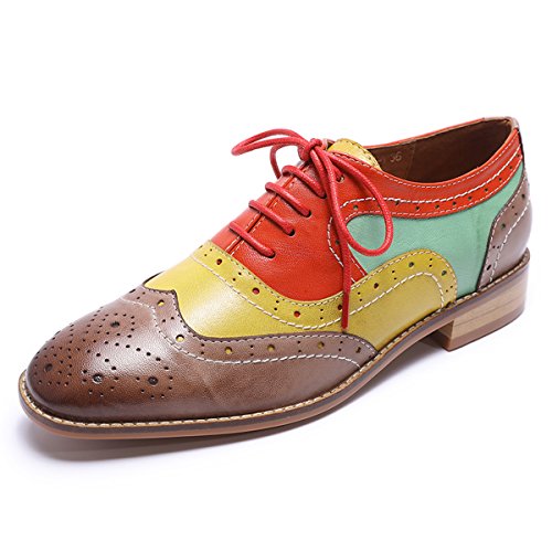 Mona flying Women's Leather Perforated Lace-up Brogue Wingtip Derby Saddle Oxfords Shoes for Women ladis Girls