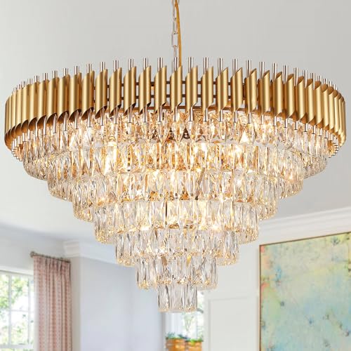 Image of 35 inch Large Foyer Chandeliers Modern Gold Crystal Chandeliers for Staircase