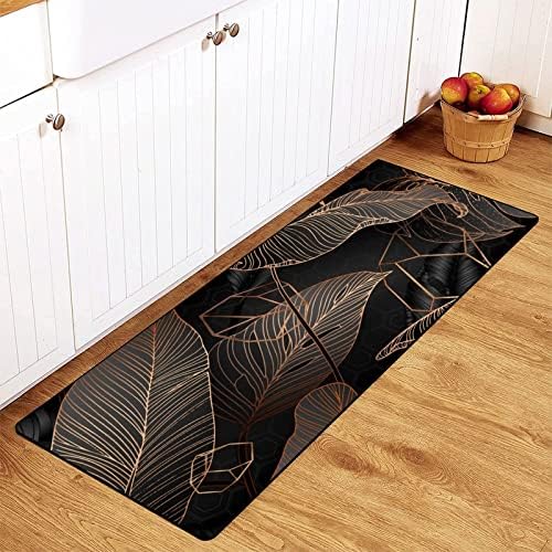 MoBlinko Kitchen Rugs Gold Black Palm Leaves White Marble Bathroom Mat Non Skid Washable Standing Floor Mat Runner Carpet for Bathroom Home Office Farmhouse Laundry 39x 20 Inch