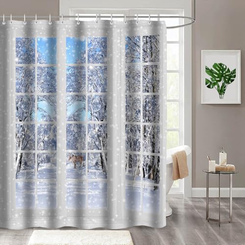 MEHOFOND 72x72inch Winter Christmas Shower Curtain Window Elk Snowy Scenery Forest Nature Bathroom Waterproof Bathtub Home Decor Modernize Waterproof Family Tub Decor Polyester Fabric With 12 Hooks - Image 4