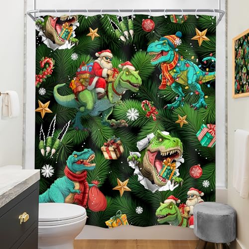 Image of Merry Christmas Kids Dinosaur Santa Claus Bathroom Shower Curtain Set