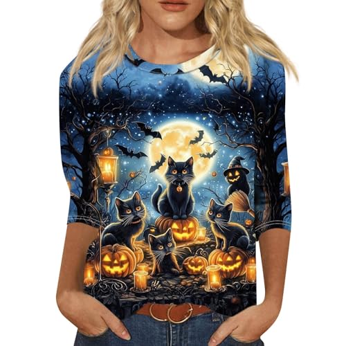 Cute Funny Halloween Shirts for Women Plus Size 3/4 Length Long Sleeve Womens Tops Witch Gothic Renaissance Shirt