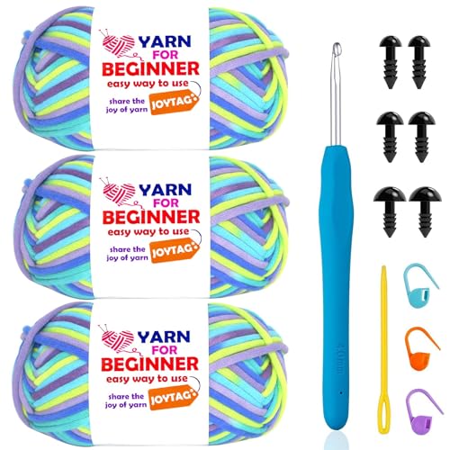Image of 3 Pack Rainbow Beginner Crochet Yarn for Crocheting Knitting Multicolor Cotton Crochet Yarn for Beginners with Easy-to-See Stitches Cotton-Nylon Blend Easy Yarn for Beginners(Neon Green Blue)