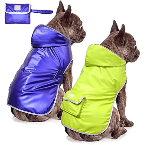 Illumifun Waterproof Dog Raincoat, Reversible Rain Jacket with Hood, Small (Yellow Green/ Blue), for Small Breeds, Lightweight & Comfortable Cover