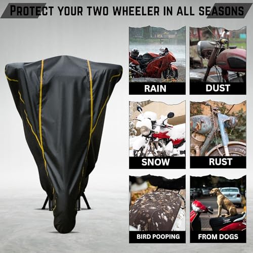 Image of Elite Water Resistant Bike Cover for TVS Apache RTR 160 4V Rain, UV & Dust Protection, Universal Fit, All-Weather Water Resistant Two-Wheeler Cover, Keeps Bike Cool (Black with White Piping)