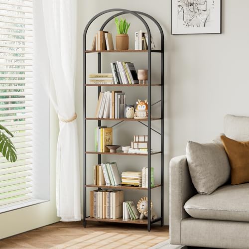 Homhedy 6-Tier Bookshelf Arched Display Racks, Wood and Metal Bookcase, Tall Bookshelf, Industrial Display Standing Shelf Unit, for Home Office, Living Room, Bedroom, Bathroom, Rustic Brown