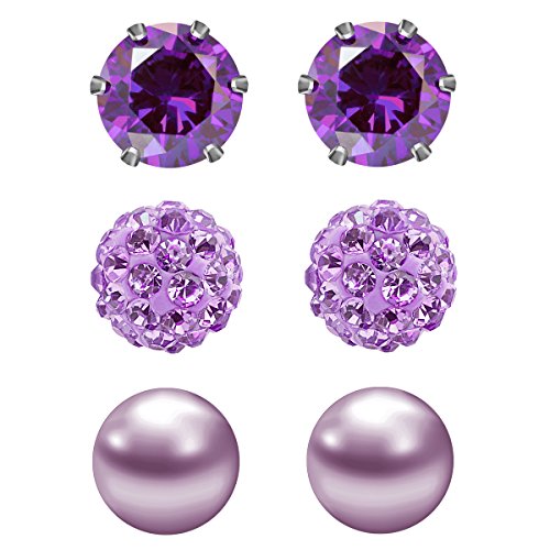 JewelrieShop Purple Studs Earrings for Women CZ Rhinestones Crystal Ball Fake Pearl Stainless Steel Party Stud Febrary Birthstone Earring Set for Girl (3 pairs,6mm Round,Feb)
