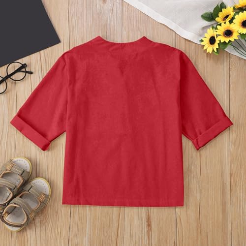 Girls Cotton Linen Shirts Elbow Length Sleeve V Neck Shirt Solid Tunic Blouse Button Down Tops School Uniform Shirts2