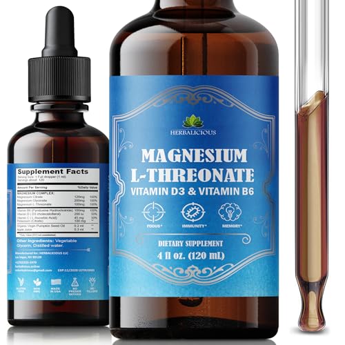 HERBALICIOUS Magnesium Complex Liquid with Vitamin D3 & B6 High Absorption Citrate Glycinate & L-Threonate Supports Energy Mood Relaxation Bone Health & Immunity 4 oz Liquid Drops