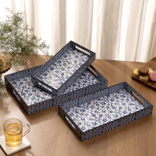 Image of DULI Set of 3 Wooden Serving Trays Premium MDF with Lacquered Water-Resistant Enamel Floral Print Decorative Multipurpose Trays for Kitchen, Dining & Gifting (16x10x2,14x8x2, 12x6x2 Inches)