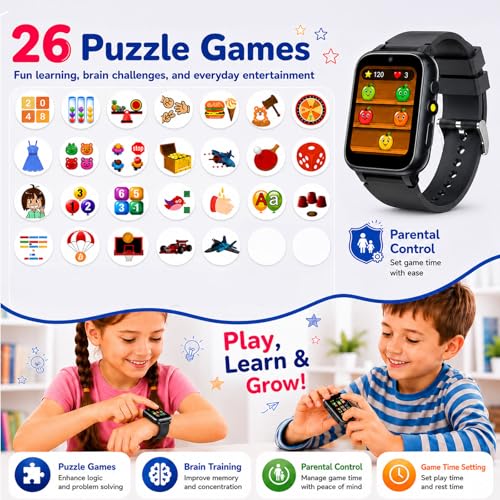 Image of Smart Watch for Kids, Girls Boys Smartwatch with 26 Games Camera Video Recorder and Player, Pedometer Calendar Flashlight, Audio Book etc., Gifts for 4-12 Years Children (Black) | 26 Games, HD Touch Screen, Video Camera, Music Player, Alarm