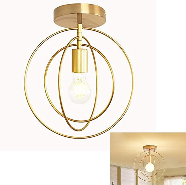 ChaoZan Ceiling Lights E27 Vintage Shade - Gold Semi Flush Mount Ceiling Lamp Metal Round Shape lampshade Hanging Light Fixture Pendant Lighting Retro Kitchen Bedroom Living Dining Rooms corridors