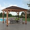 Backyard Discovery Barrington 12' x 10' Cedar Wood Outdoor Gazebo Pavilion with Hardtop Galvanized Steel Hip Roof, Snow Support, Wind Resistance, PowerPort, Shade for Garden, Patio, Deck, Entertaining