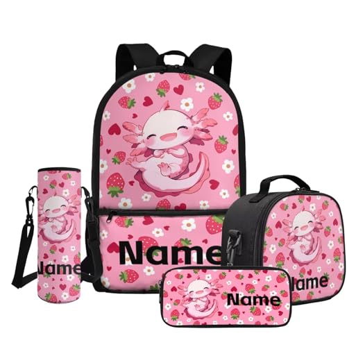 OGYPET Kids Backpack Girls Personalized with Lunch Box Cute Axolotl School Backpack Lightweight Large Pencil Case and Water Bottle Holder for School Gifts, Strawberry