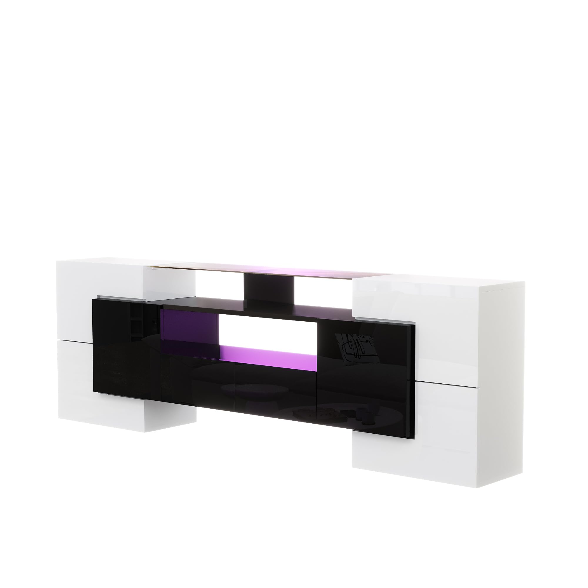Kayan Moderner TV Schrank, Fernsehtisch mit 6 Schließfach, 2 Schublade und 3 offenes Regal, 200cm lang, Hochglänzendes LED-TV-Lowboard für Wohnzimmer und Esszimmer (Weiß)
