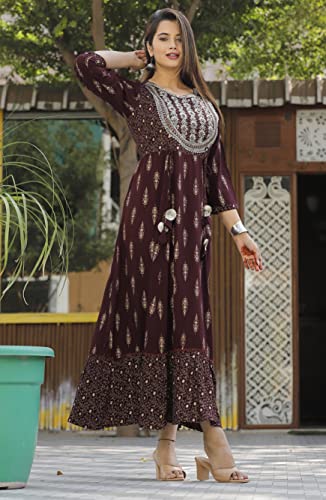 Image of Manbhar Fashion Embroidered Gown Women's Rayon Anarkali Gold Printed Kurti Floral Dress Gown Women Printed Pure Rayon Flared Kurta