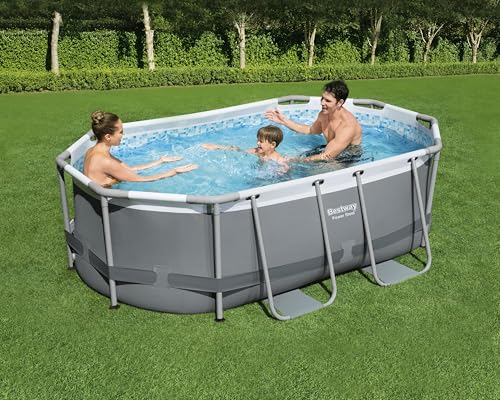 Bestway Power Steel Frame Pool Set with Filter Pump for Above Ground Garden Pool Setup, 305 x 200 x 84 cm, Grey, Oval