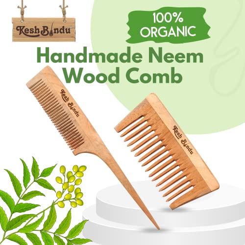 Image of Handmade Kacchi Neem Wooden Comb For Men & Women Detangling, Frizz Control & Shine, Suited For All Hair Diffrent Type of Kangi Combo Pack 2pis (Wide Tooth + Tel)