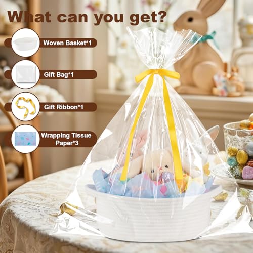 Image of OIAHOMY Gift Basket with Handle, Easter Basket with Gift Bag, Ribbon and Wrap Tissue Paper, Nursery Bins Empty to Fill with Small Items, Baby, Pet Toy Organiser - Easter White