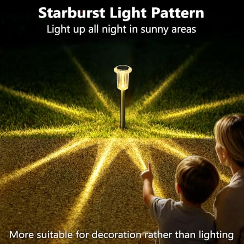 Image of DenicMic Solar Garden Lights Outdoor Waterproof 3000K Warm White LED 10Pack | Pathway Walkway Driveway Yard Garden Decor for Outside Starburst Pattern, Acrylic Diamond-like Lampshade Stainless Steel Pole