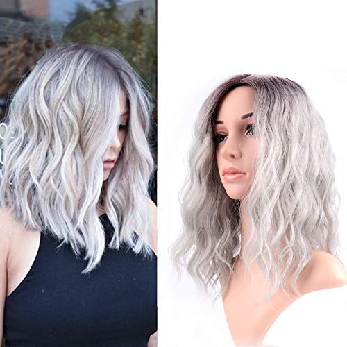 Grey Wig With Bangs Short Bob Wig Synthetic Hair Heat Resistant Fiber Wig 14 Inch Shoulder Wig With Bang