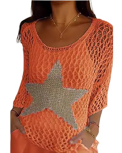 Image of CORIRESHA Women's Summer Star Crochet Sweater Scoop Neck 3 /4 Sleeves Hollow Out Knit Beach Cover Up