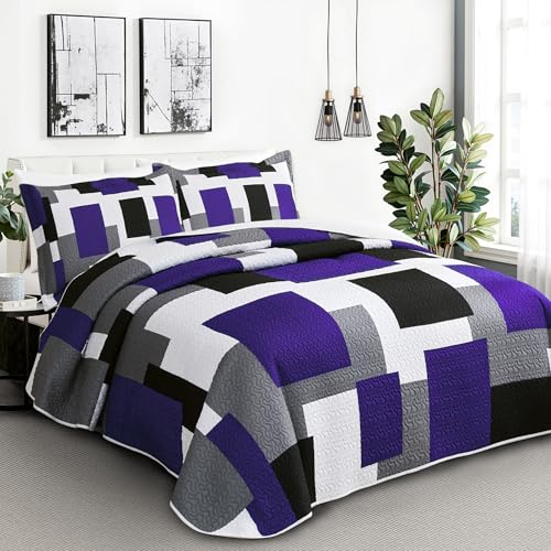 Image of Tyrot 3 Piece Purple Black Quilt Full /Queen Size White Grey Bedding Set