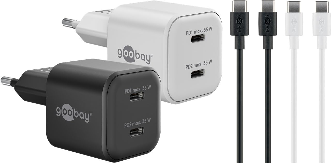 goobay - Kit de Doble Cargador rápido, 2 x USB-C PD GAN, 35 W, 2 Cables USB-C / 2 Conectores, para teléfono móvil, Tableta, cámara, Power Delivery, Negro y Blanco, 79645