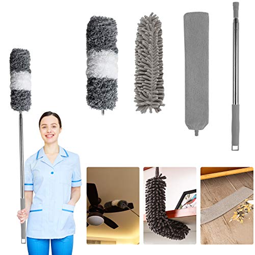 Dusters for Cleaning, KissDate 4PCS Telescopic Washable Detachable Microfiber Duster with 100 Inch Extension Pole, Cobweb Duster Chenille Dust Brush for Ceiling Fan, Blinds, Car, Gap, Furniture