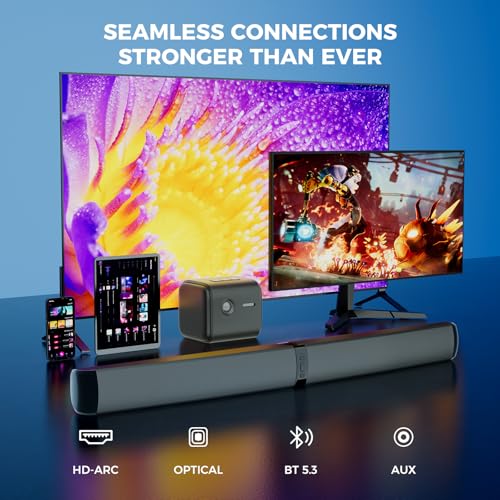 Image of MZEIBO Sound Bar, 90W Soundbar for Smart TV, Bluetooth /ARC /Optical /AUX Connect, Detachable Design with Deep Bass for TV /PC /Gaming /Projector - 2-in-1 Home Theater Audio