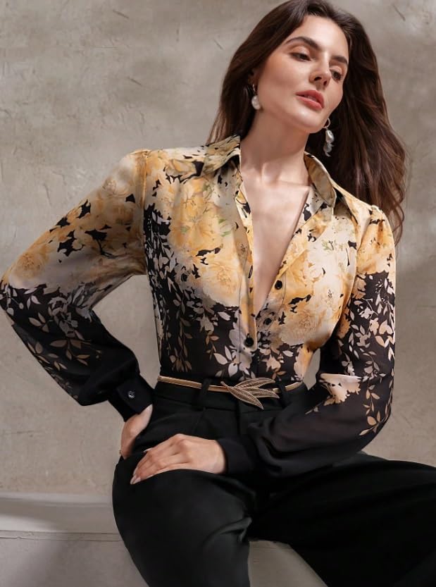 Image of Women Shirt || Women Top ||Autumn Leaves Print Polo Collar Shirt, Casual Long Sleeve (S-22-25)