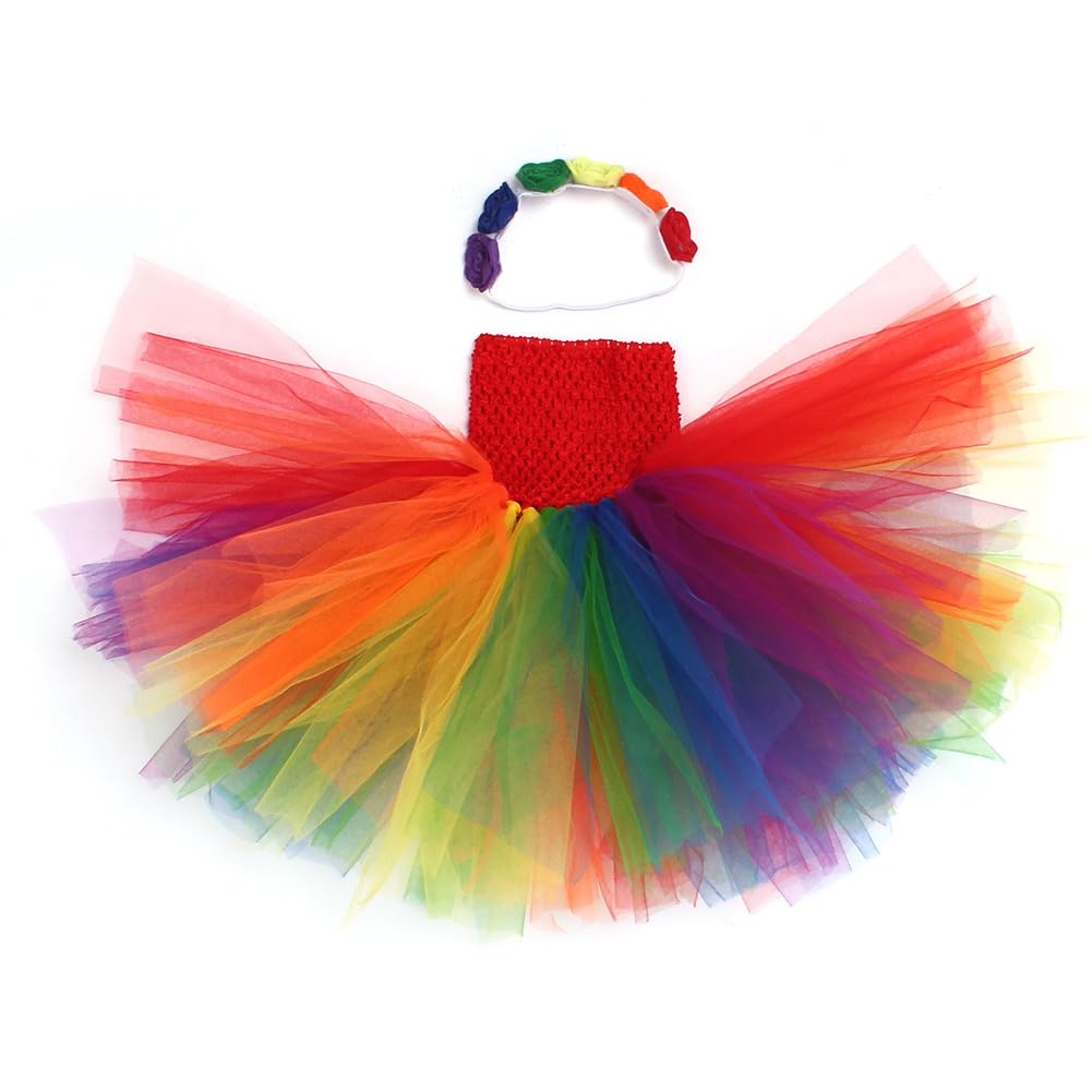 Surakey Layered Tulle Rainbow Tutu Skirt with Headpiece for Newborn Baby Girls 1st -10st Birthday Photography Outfit Sets