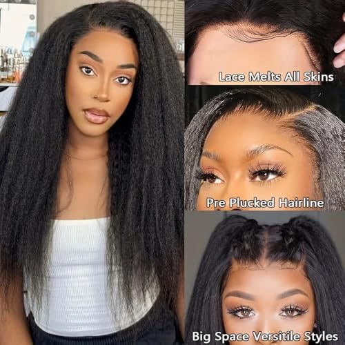 Image of 4x4 Kinky Straight Human Hair Wig 180% Density Transparent Glueless Lace Front Wigs Human Hair Pre Plucked with Baby Hair Natural Hairline Yaki Straight Human Hair Wigs For Black Women