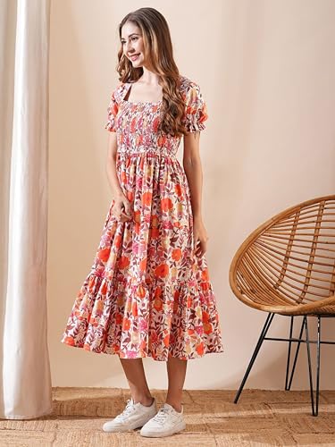 Buy CJK-Women's Casual Flower Print Puff Sleeve Maxi Dress