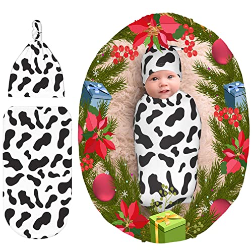 Image of Cow Print Baby Stuff,Cow Print Newborn Swaddle Blankets Beanie Hat Sets Soft and Stretchy Baby Receiving Blanket Swaddle Sack for Baby Shower Infant Boy and Girl Gift Baby Swaddle me,4-4
