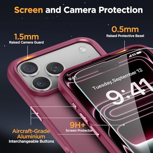 Image of Miracase Magnetic for iPhone 17 Pro Case 6.3 inch with Screen Protector, [Compatible with MagSafe] Military-Grade Protection, Anti-Fingerprint, Slim Thin Phone Case for 17 Pro Cover, Wine Red