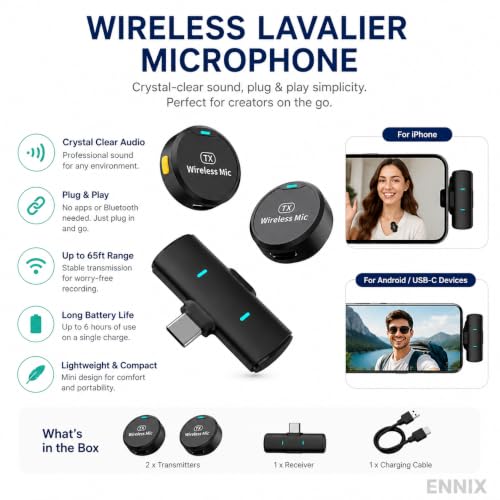 Image of ENNIX TX Dual Wireless Lavalier Microphone for Type C Mobile | 2.4GHz Clip On Collar Mic with Noise Reduction & Rechargeable Receiver | Plug & Play Mic for YouTube Vlogging Interviews & Recording