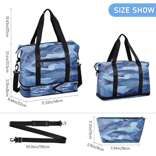 Blue Fish Travel Duffel Bag for Women Men Gym Bag with Shoe Compartment Wet Pocket Carry On Weekender Overnight Bags for Travel Weekend Getaway3