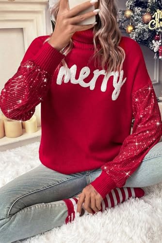 Women's Racing Red Merry Graphic Turtleneck Sweater with Sequin Sleeves2