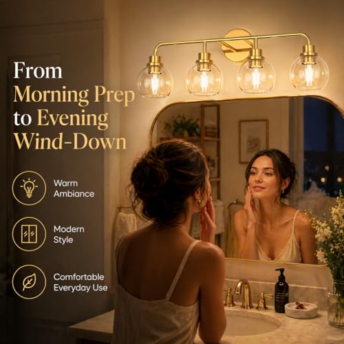 Image of DORESshop Bathroom Light Fixtures, 4-Light Gold Vanity Lights Over Mirror, Wall Lamp Clear Glass for Living Room Decor Bedroom Porch Cabinet